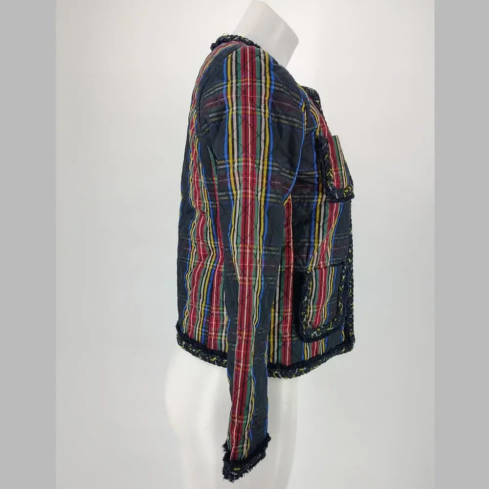 J.Crew Quilted Lady Jacket Stewart Plaid Braided Trim Collarless Size 2